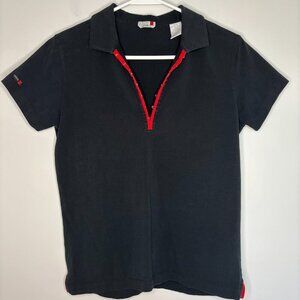 IZOD FLEX Short Sleeve V-Neck Tee Medium Black Red Hook & Eye Closure Collared